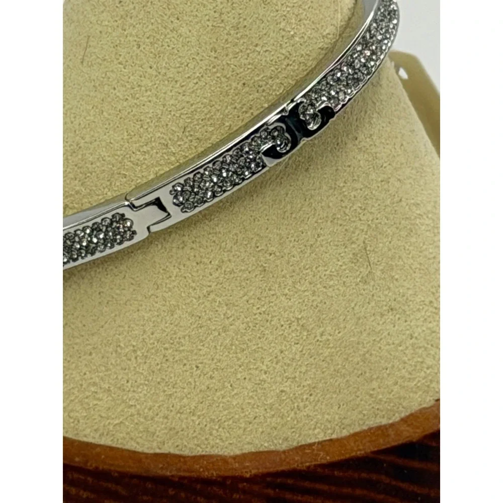 Women's Tory Burch Pave Crystal Silver Tone Logo Bangle Bracelet Luxury Chic NWT